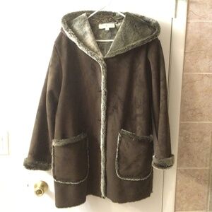 Jones New York Faux Suede Faux Fur  Hooded  Brown Coat Size M Relaxed Style